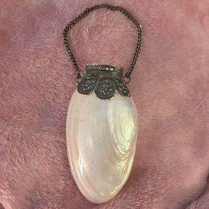 Pearlized White Oyster Shell Ornament with Brass Trim and Chain